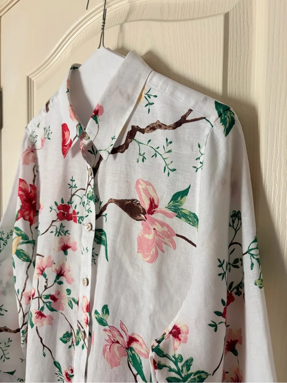 Chicos No Iron Kyoto Bloom 100% Linen Shirt Cuffed 3/4 Sleeve Top, Size 1, M